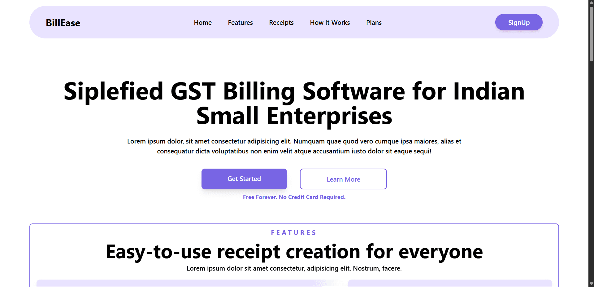 BillEase receipt generator landing page with modern design and professional invoice creation features